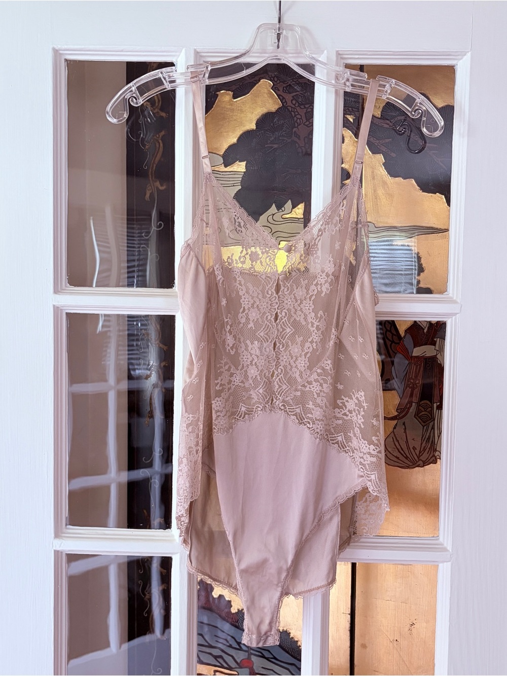 Vtg Vanity Fair Teddy Bodysuit SZ 34 Lace Sheer Nude Taupe Antron III Nylon USA